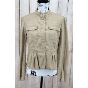 Michael Kors Women's Size 10 Tan Linen Frayed‎ Trim Mandarin Collar Jacket